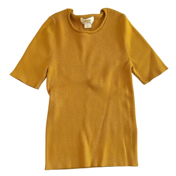 Maeve by Anthropologie Josefa Ribbed Tee Shirt Honey Gold Small Short Sleeves - Picture 2 of 8
